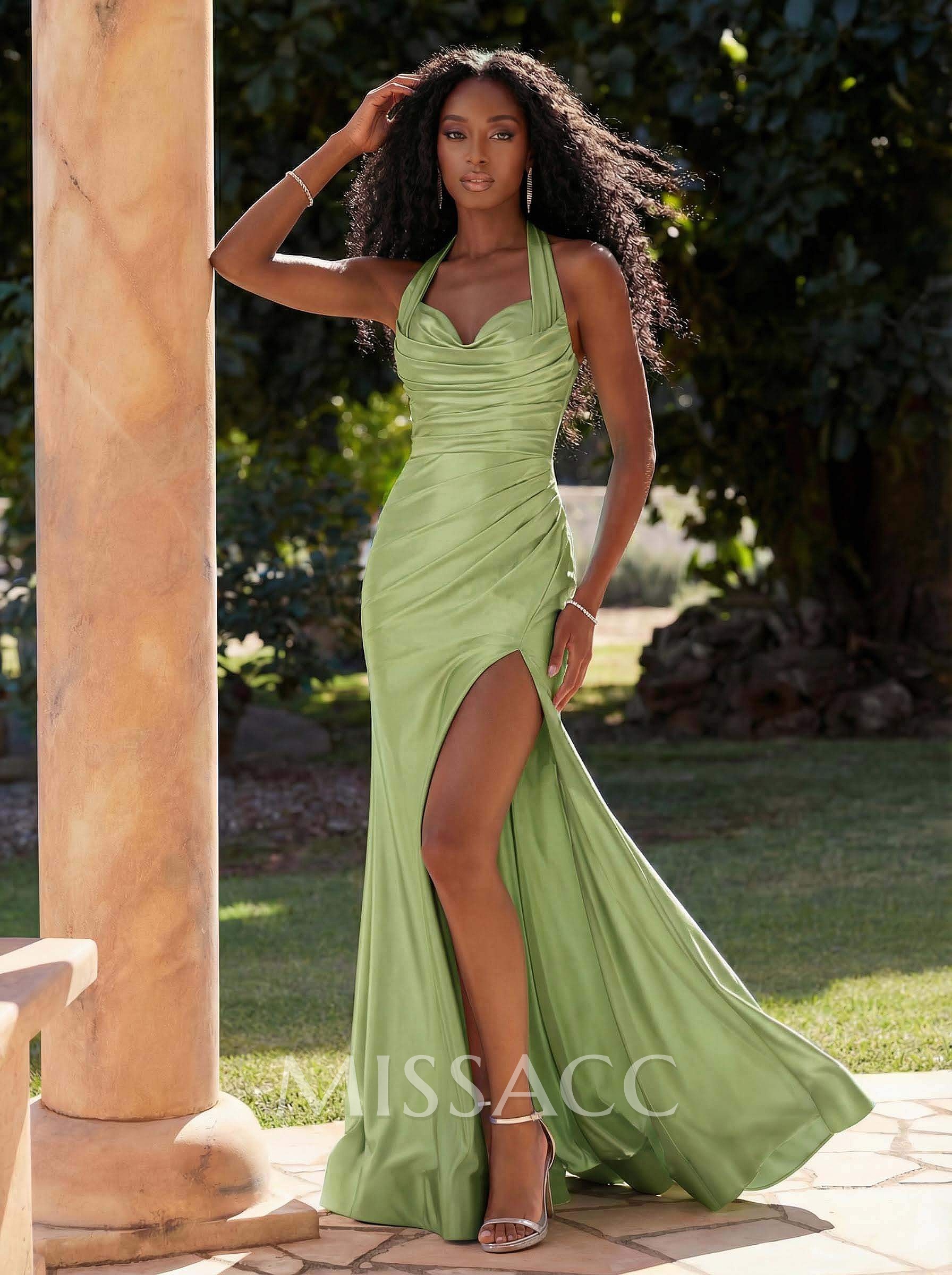Elegant Halter Ruched High Split Sweep Train Stretch Satin Knit Prom Dresses Elegant Halter Ruched High Split Sweep Train Stretch Satin Knit Prom Dresses