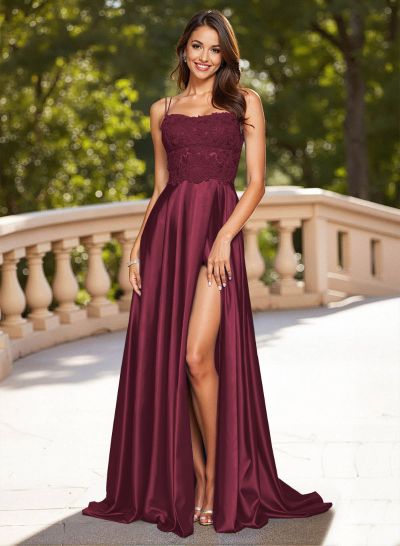 Unique Lace Square Neckline A-Line High Split Sweep Train Charmeuse Prom Dresses