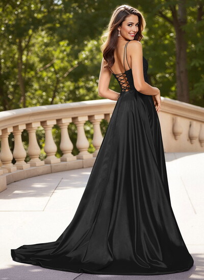 Unique Lace Square Neckline A-Line High Split Sweep Train Charmeuse Prom Dresses