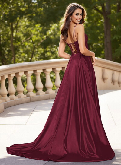 Unique Lace Square Neckline A-Line High Split Sweep Train Charmeuse Prom Dresses