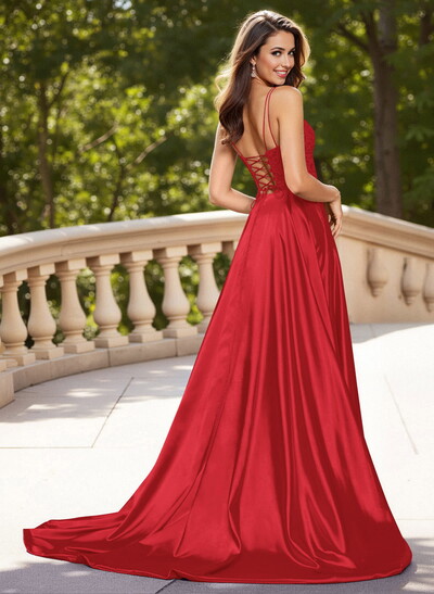 Unique Lace Square Neckline A-Line High Split Sweep Train Charmeuse Prom Dresses