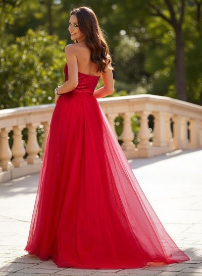 Unique Halter Overskirt Sweep Train Lace/Tulle Prom Dresses