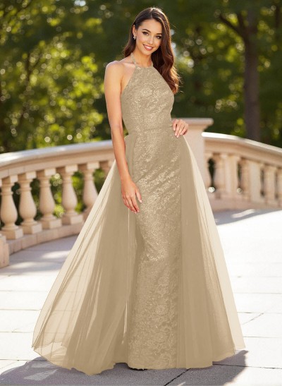 Unique Halter Overskirt Sweep Train Lace/Tulle Prom Dresses
