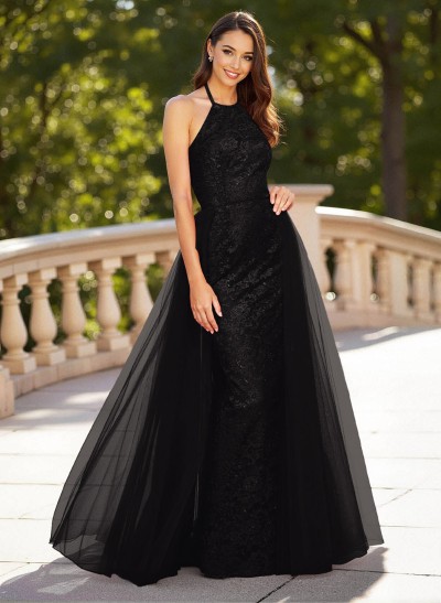 Unique Halter Overskirt Sweep Train Lace/Tulle Prom Dresses