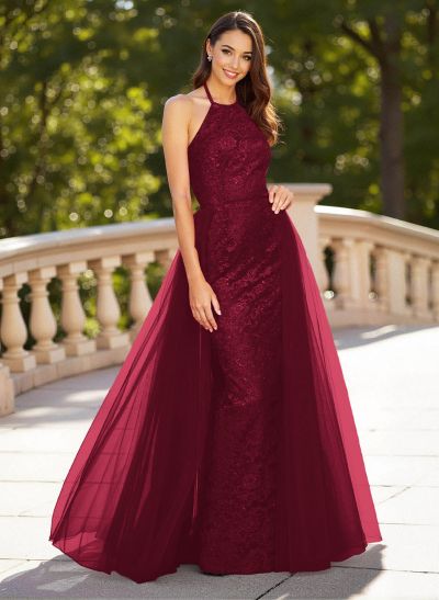 Unique Halter Overskirt Sweep Train Lace/Tulle Prom Dresses