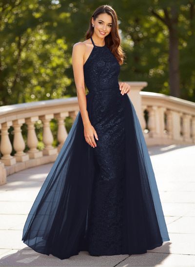 Unique Halter Overskirt Sweep Train Lace/Tulle Prom Dresses