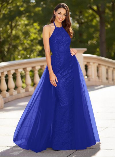 Unique Halter Overskirt Sweep Train Lace/Tulle Prom Dresses