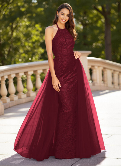 Unique Halter Overskirt Sweep Train Lace/Tulle Prom Dresses