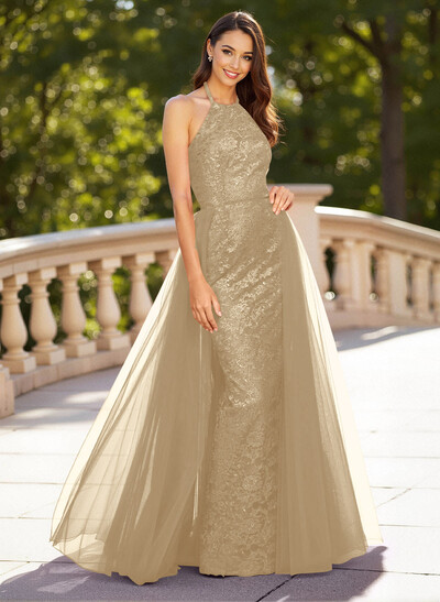 Unique Halter Overskirt Sweep Train Lace/Tulle Prom Dresses
