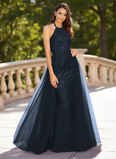 Unique Halter Overskirt Sweep Train Lace/Tulle Prom Dresses