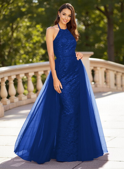 Unique Halter Overskirt Sweep Train Lace/Tulle Prom Dresses