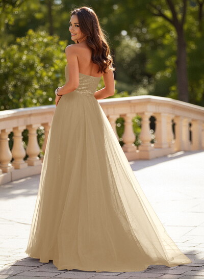 Unique Halter Overskirt Sweep Train Lace/Tulle Prom Dresses