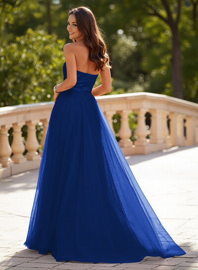 Unique Halter Overskirt Sweep Train Lace/Tulle Prom Dresses