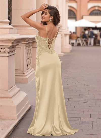 Unique V-Neck Lace Corset High Split Sweep Train Silk Like Satin Prom Dresses