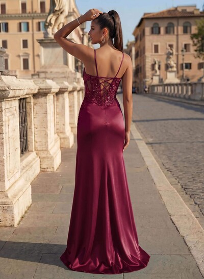 Unique V-Neck Lace Corset High Split Sweep Train Silk Like Satin Prom Dresses