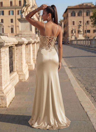 Unique V-Neck Lace Corset High Slit Sweep Train Silky Satin Formal Dresses