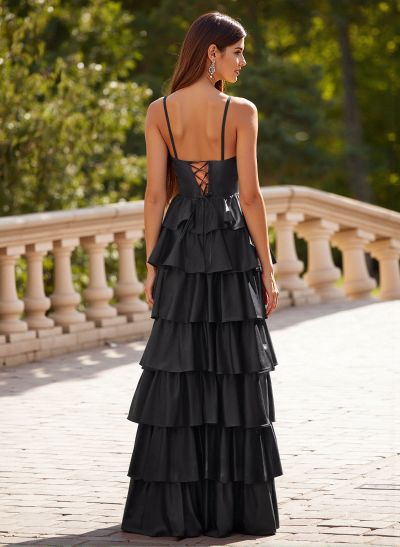 Unique Sweetheart Illusion Corset Tiered A-Line Ruffle Floor-Length Satin Prom Dresses