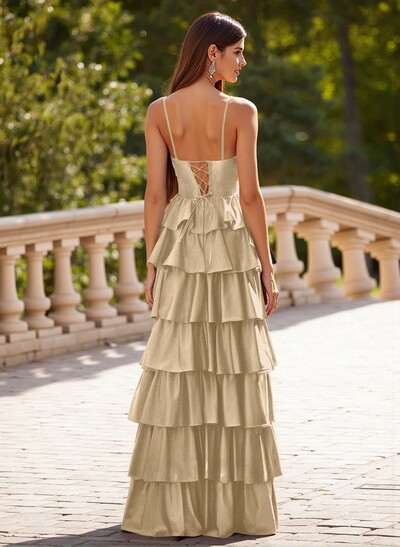 Unique Sweetheart Illusion Corset Tiered A-Line Ruffle Floor-Length Satin Prom Dresses