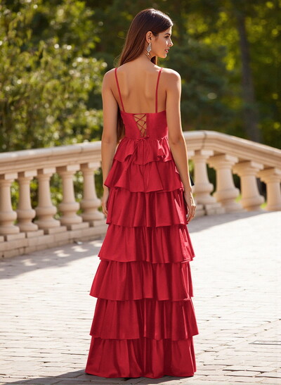 Unique Sweetheart Illusion Corset Tiered A-Line Ruffle Floor-Length Satin Prom Dresses