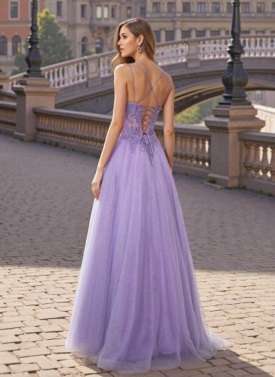 Sweet & Flow V-Neck Satin/Lace/Tulle Prom Dresses With Appliques Lace