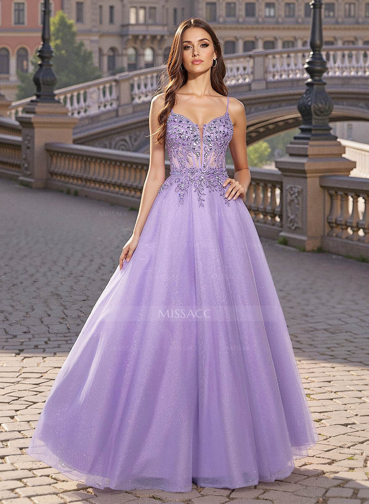 Sweet & Flow V-Neck Satin/Lace/Tulle Prom Dresses With Appliques Lace