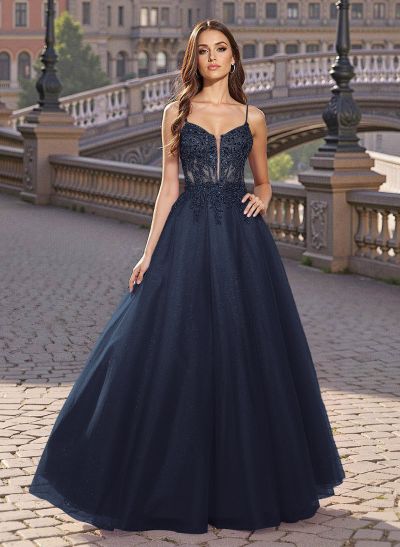 Sweet & Flow V-Neck Satin/Lace/Tulle Prom Dresses With Appliques Lace