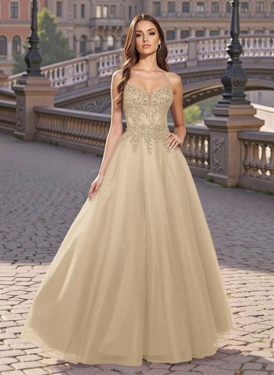 Sweet & Flow V-Neck Satin/Lace/Tulle Prom Dresses With Appliques Lace