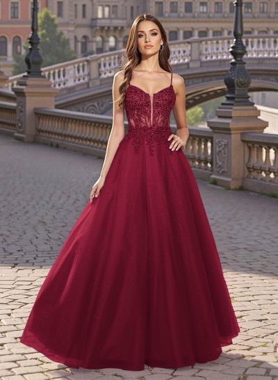 Sweet & Flow V-Neck Satin/Lace/Tulle Prom Dresses With Appliques Lace