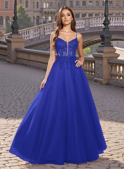 Sweet & Flow V-Neck Satin/Lace/Tulle Prom Dresses With Appliques Lace