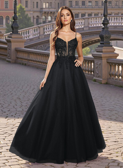 Sweet & Flow V-Neck Satin/Lace/Tulle Prom Dresses With Appliques Lace