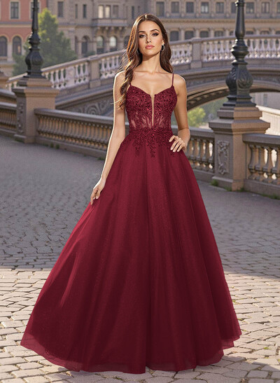 Sweet & Flow V-Neck Satin/Lace/Tulle Prom Dresses With Appliques Lace