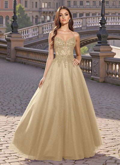 Sweet & Flow V-Neck Satin/Lace/Tulle Prom Dresses With Appliques Lace