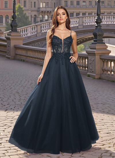 Sweet & Flow V-Neck Satin/Lace/Tulle Prom Dresses With Appliques Lace