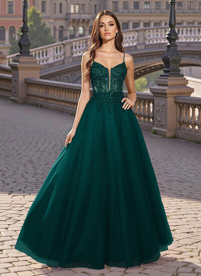 Sweet & Flow V-Neck Satin/Lace/Tulle Prom Dresses With Appliques Lace