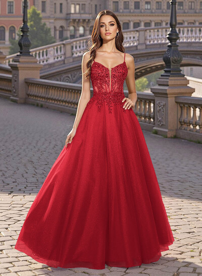 Sweet & Flow V-Neck Satin/Lace/Tulle Prom Dresses With Appliques Lace
