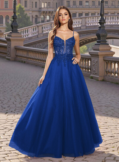 Sweet & Flow V-Neck Satin/Lace/Tulle Prom Dresses With Appliques Lace
