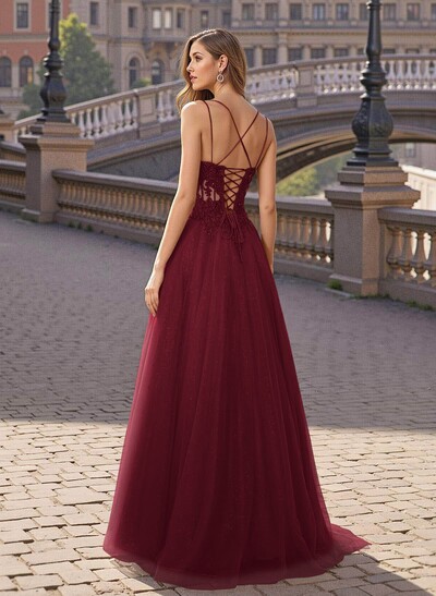 Sweet & Flow V-Neck Satin/Lace/Tulle Prom Dresses With Appliques Lace