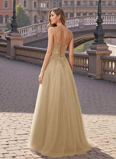 Sweet & Flow V-Neck Satin/Lace/Tulle Prom Dresses With Appliques Lace