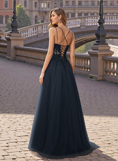Sweet & Flow V-Neck Satin/Lace/Tulle Prom Dresses With Appliques Lace