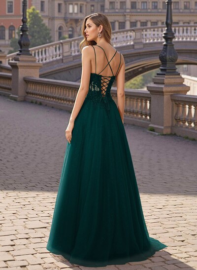 Sweet & Flow V-Neck Satin/Lace/Tulle Prom Dresses With Appliques Lace