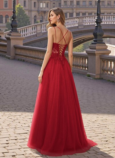 Sweet & Flow V-Neck Satin/Lace/Tulle Prom Dresses With Appliques Lace