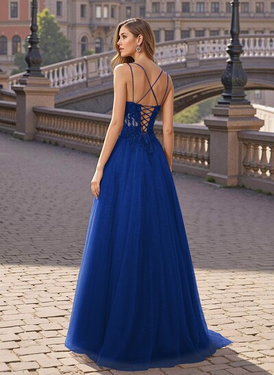 Sweet & Flow V-Neck Satin/Lace/Tulle Prom Dresses With Appliques Lace