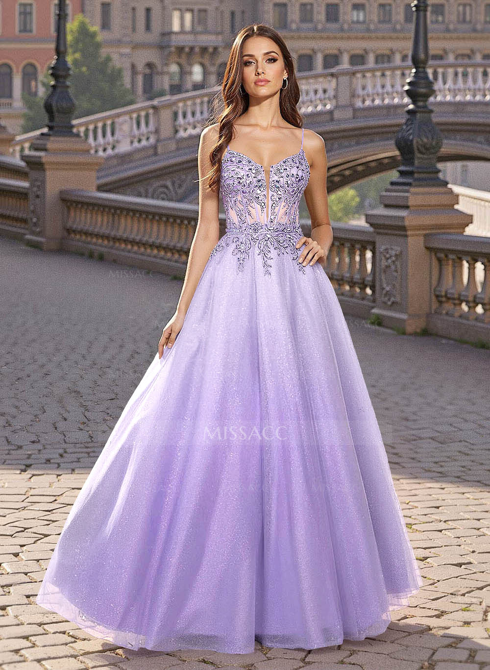 Sweet & Flow V-Neck Satin/Lace/Tulle Prom Dresses With Appliques Lace