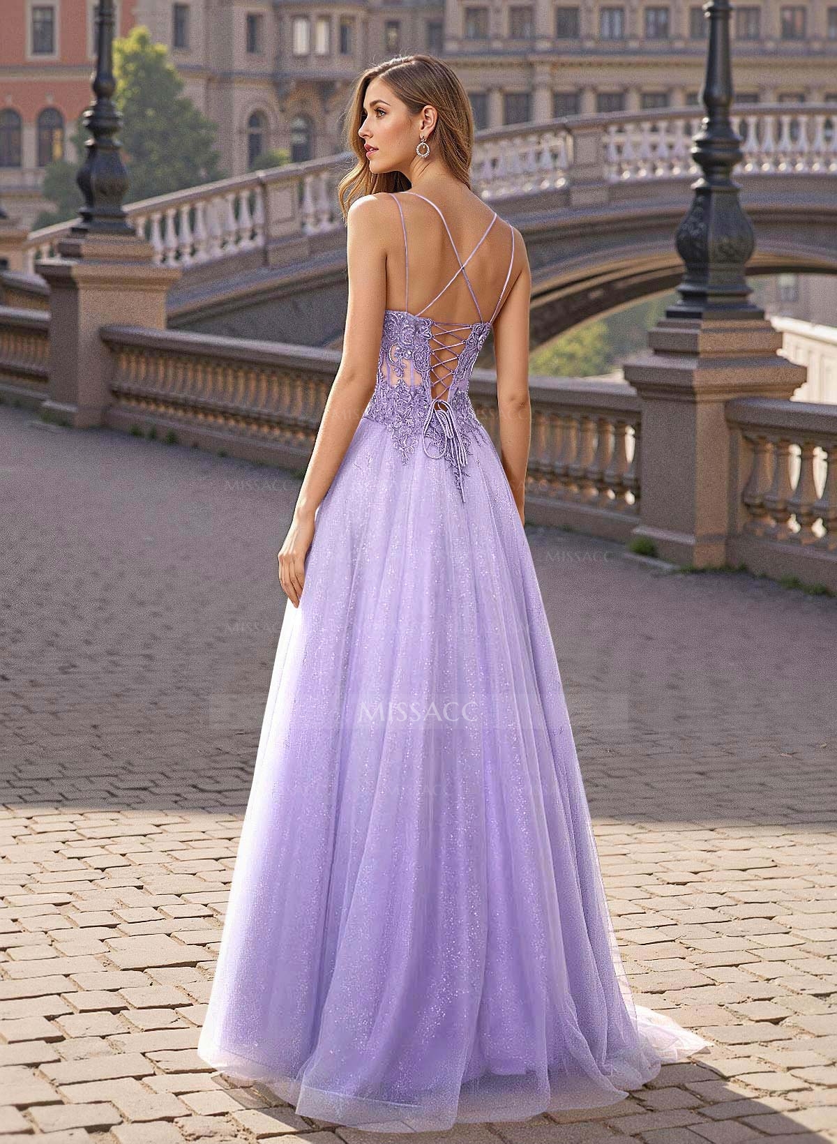 Sweet & Flow V-Neck Satin/Lace/Tulle Prom Dresses With Appliques Lace