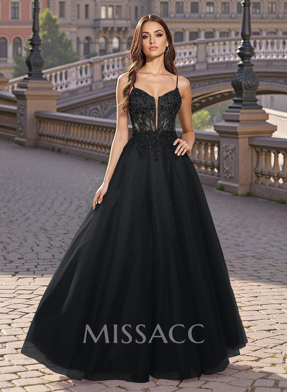 Sweet & Flow V-Neck Satin/Lace/Tulle Prom Dresses With Appliques Lace