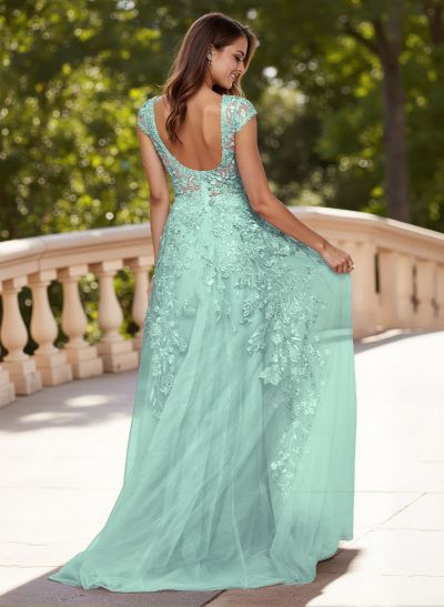 Dreamy Illusion Neck Cap Straps A-Line Sweep Train Lace/Tulle Prom Dresses