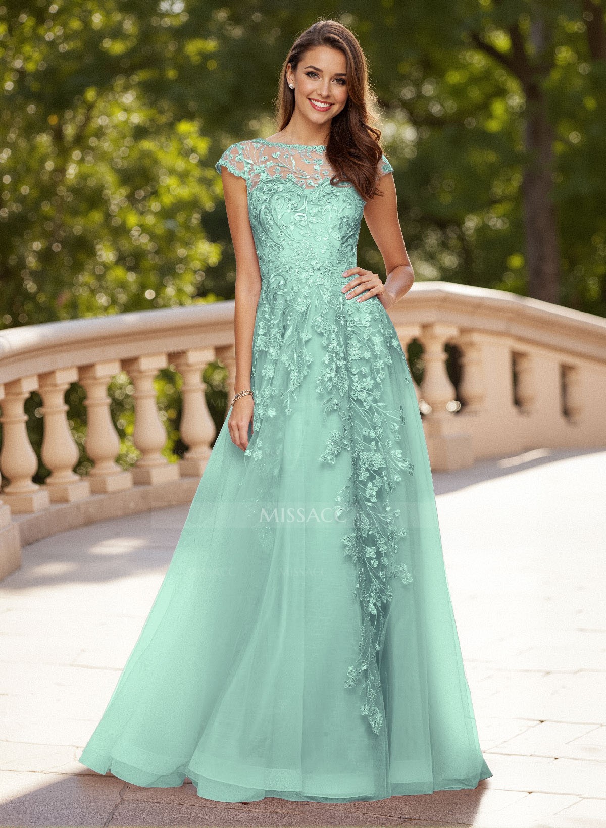 Dreamy Illusion Neck Cap Straps A-Line Sweep Train Lace/Tulle Prom Dresses