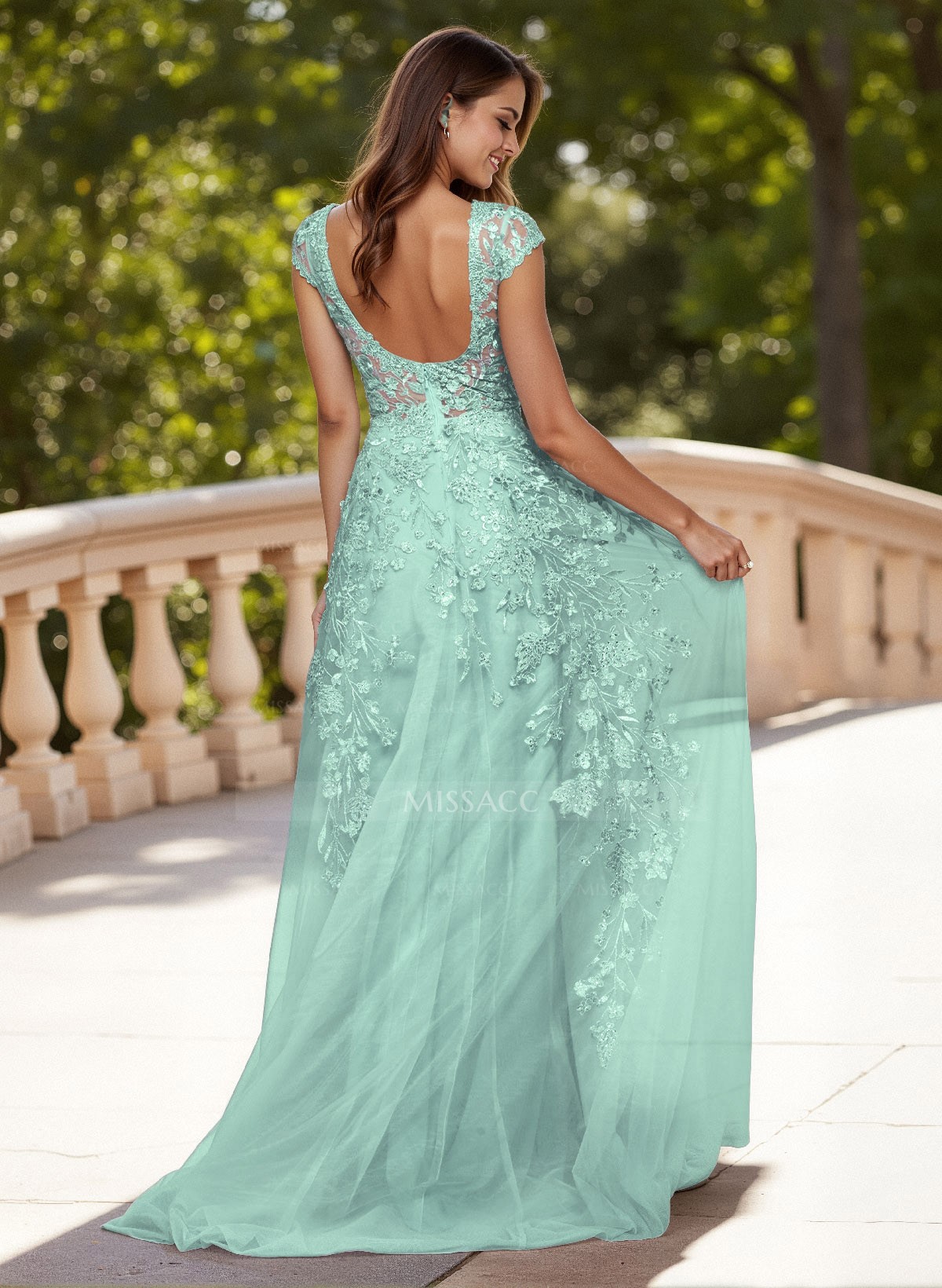 Dreamy Illusion Neck Cap Straps A-Line Sweep Train Lace/Tulle Prom Dresses