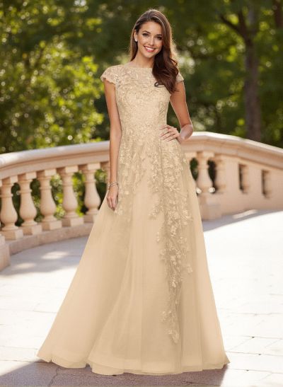 Dreamy Illusion Neck Cap Straps A-Line Sweep Train Lace/Tulle Prom Dresses