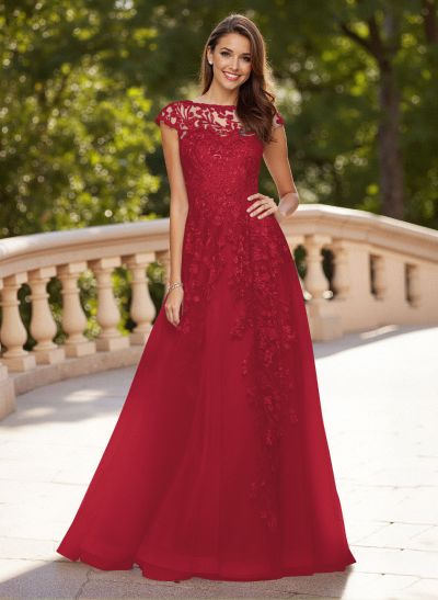 Dreamy Illusion Neck Cap Straps A-Line Sweep Train Lace/Tulle Prom Dresses
